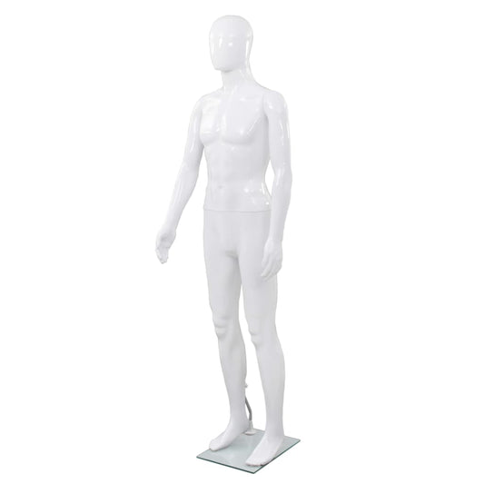 Skyltdocka man helkropps med bas i glas glansig vit 185 cm