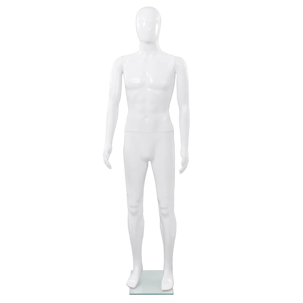Skyltdocka man helkropps med bas i glas glansig vit 185 cm