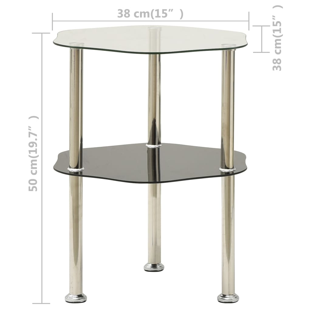 Sidobord med 2 hyllor transparent/svart 38x38x50 cm härdat glas