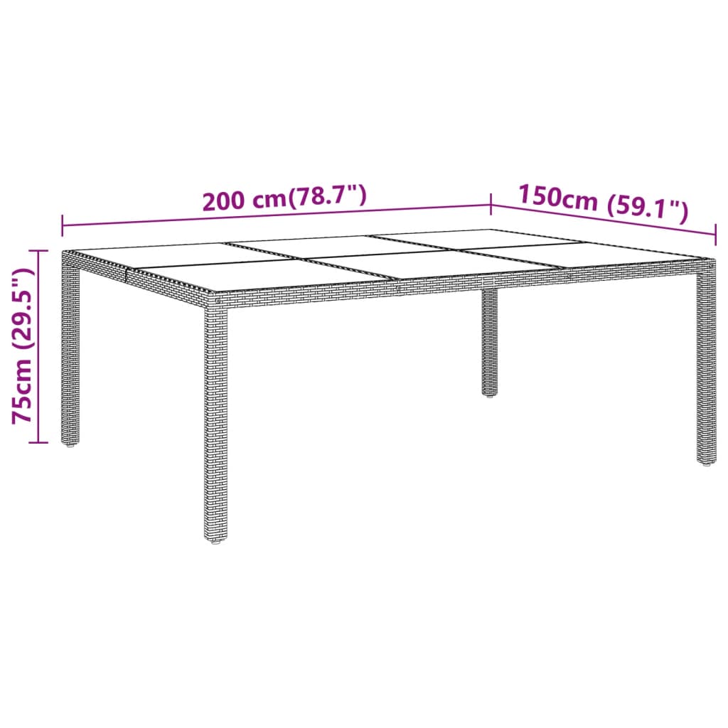 Trädgårdsbord 200x150x75 cm härdat glas och konstrotting grå