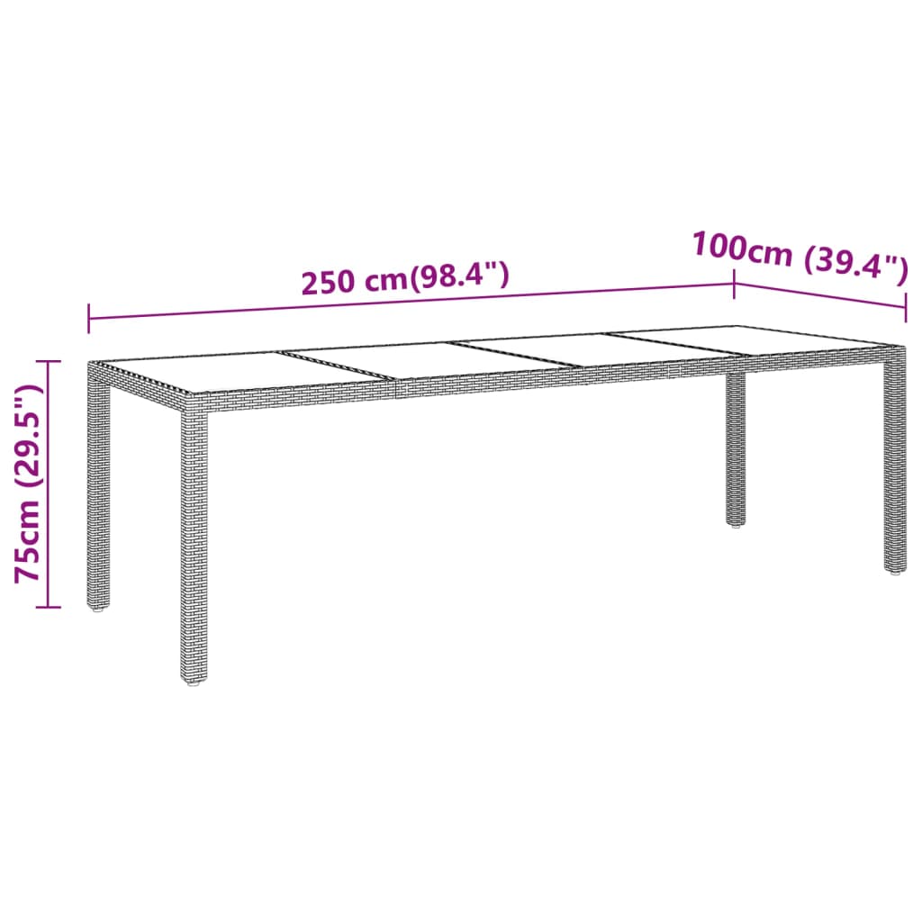 Trädgårdsbord 250x100x75 cm härdat glas och konstrotting svart