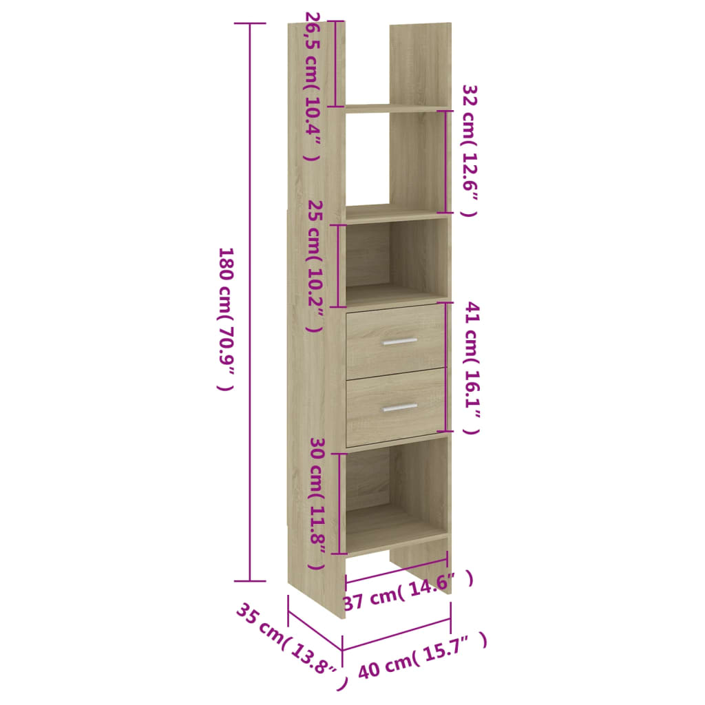 Bokhylla sonoma-ek 40x35x180 cm konstruerat trä