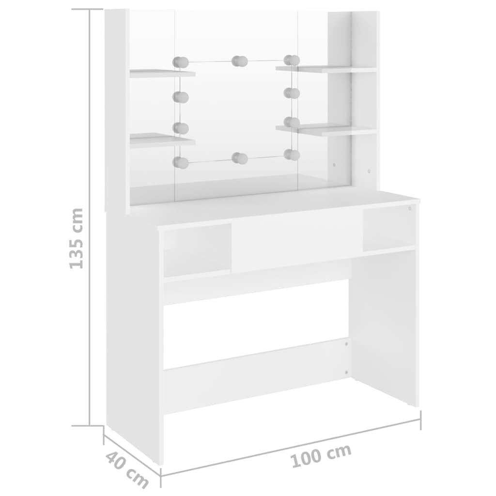 Sminkbord med LED-belysning 100x40x135 cm MDF vit