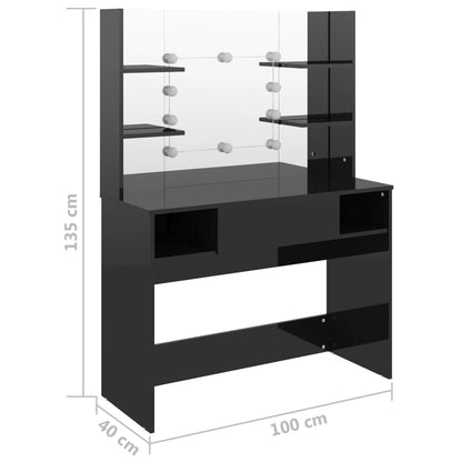 Sminkbord med LED-belysning 100x40x135 cm MDF svart glänsande