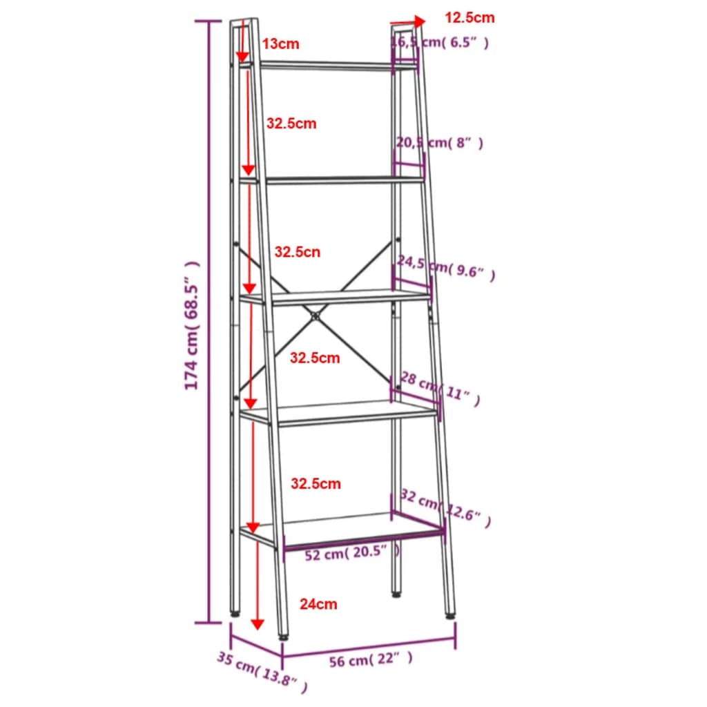 Hylla 5 plan mörkbrun och svart 56x35x174 cm