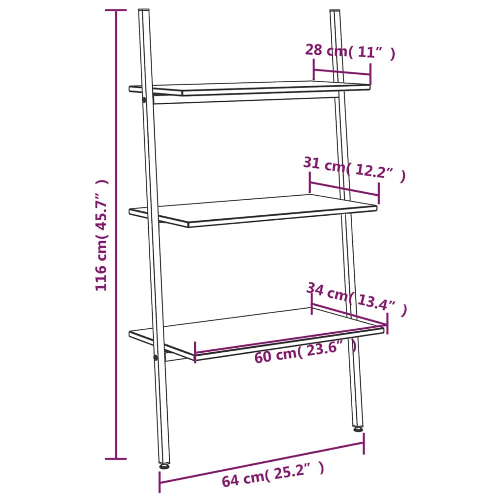 Hylla 3 hyllplan mörkbrun och svart 64x34x116 cm