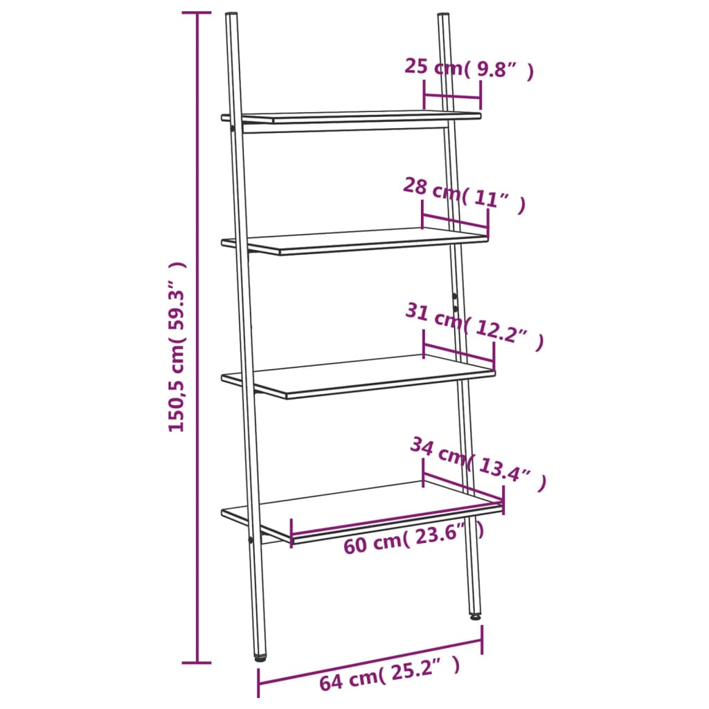 Hylla 4 hyllplan svart 64x34x150,5 cm