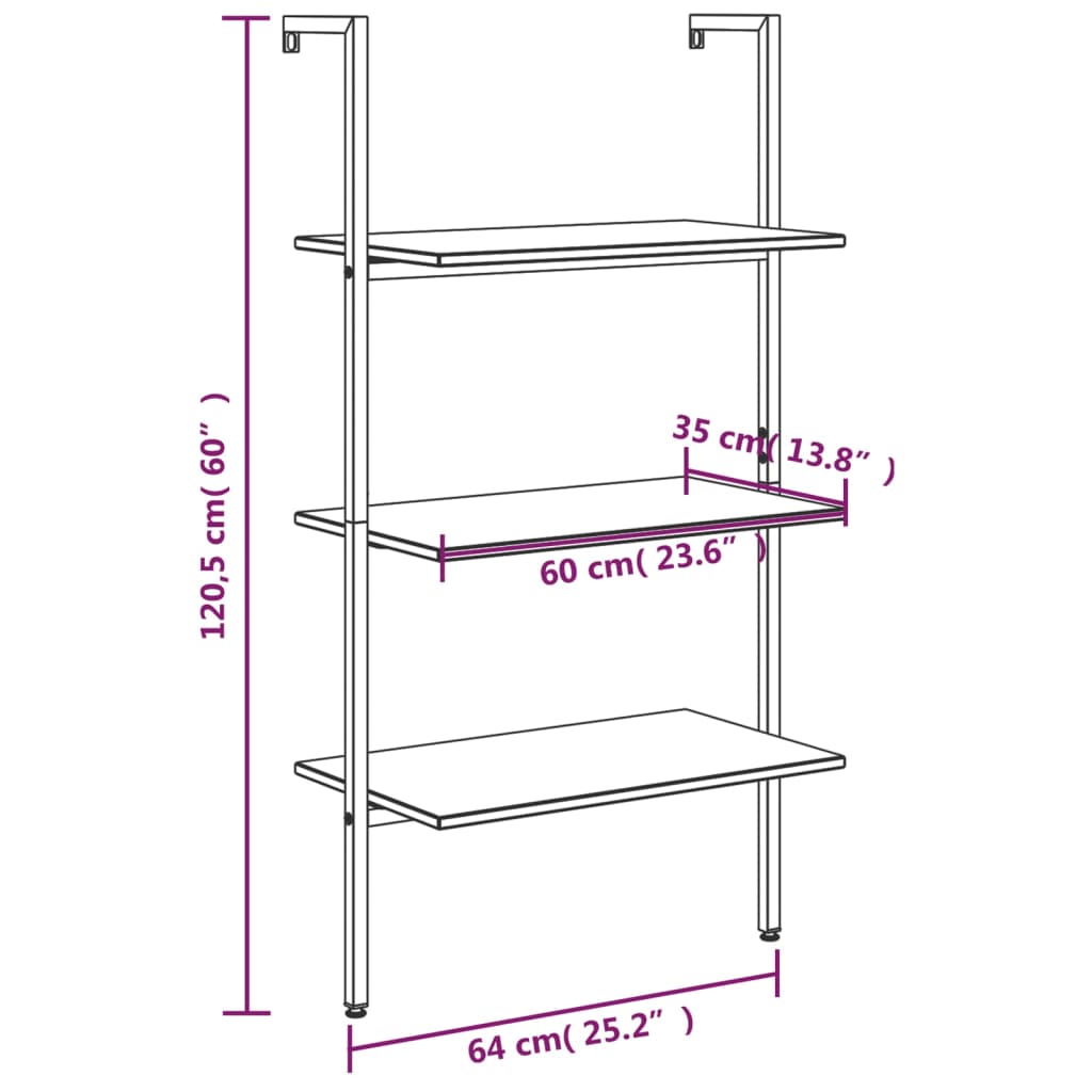 Hylla 3 hyllplan ljusbrun och svart 64x35x120,5 cm