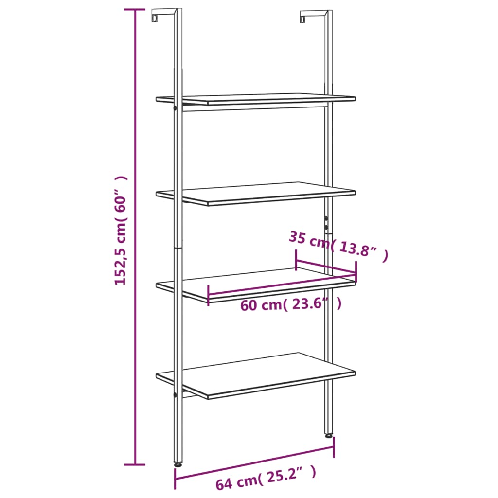 Hylla 4 hyllplan svart 64x35x152,5 cm