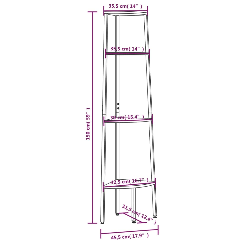 Hörnhylla 4 hyllplan ljusbrun och svart 45,5x31,5x150 cm