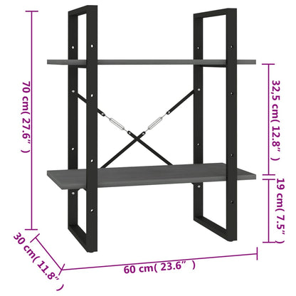 Bokhylla 2 hyllplan grå 60x30x70 cm massiv furu