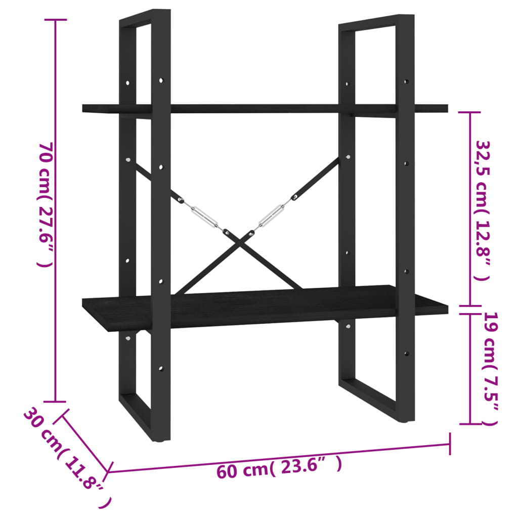 Bokhylla 2 hyllplan svart 60x30x70 cm massiv furu