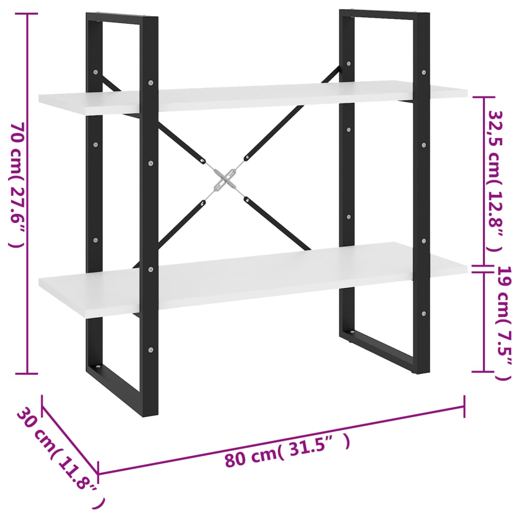 Bokhylla 2 hyllplan vit 80x30x70 cm konstruerat trä