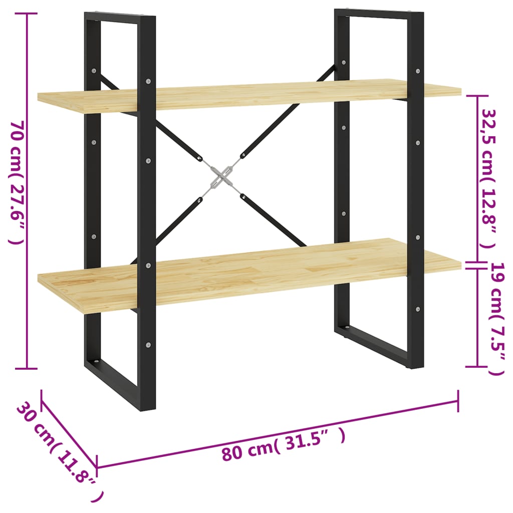 Bokhylla 2 hyllplan 80x30x70 cm massiv furu