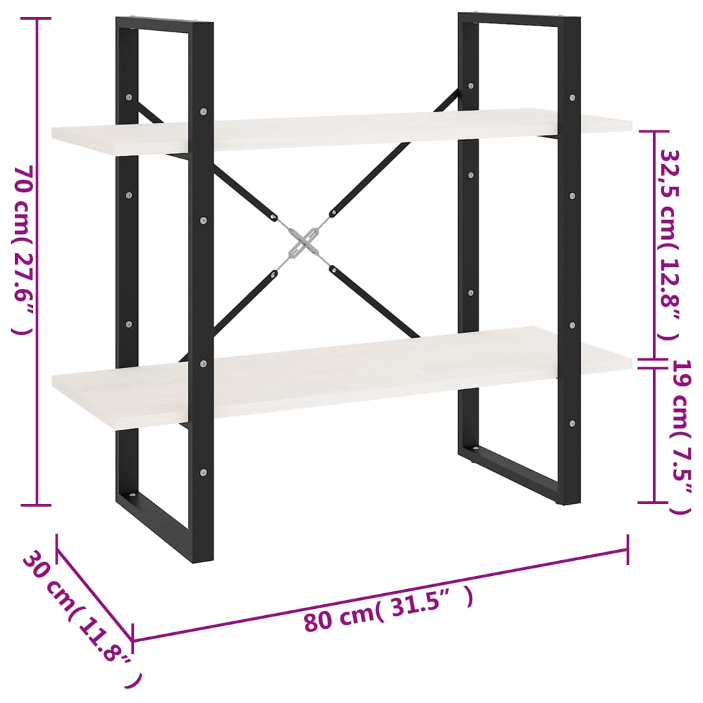 Bokhylla 2 hyllplan vit 80x30x70 cm massiv furu