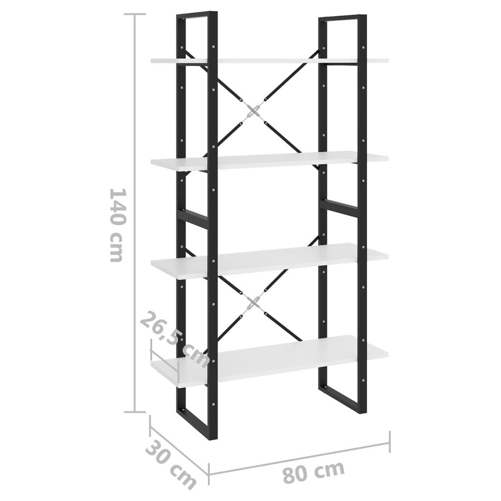 Bokhylla 4 hyllplan vit 80x30x140 cm konstruerat trä