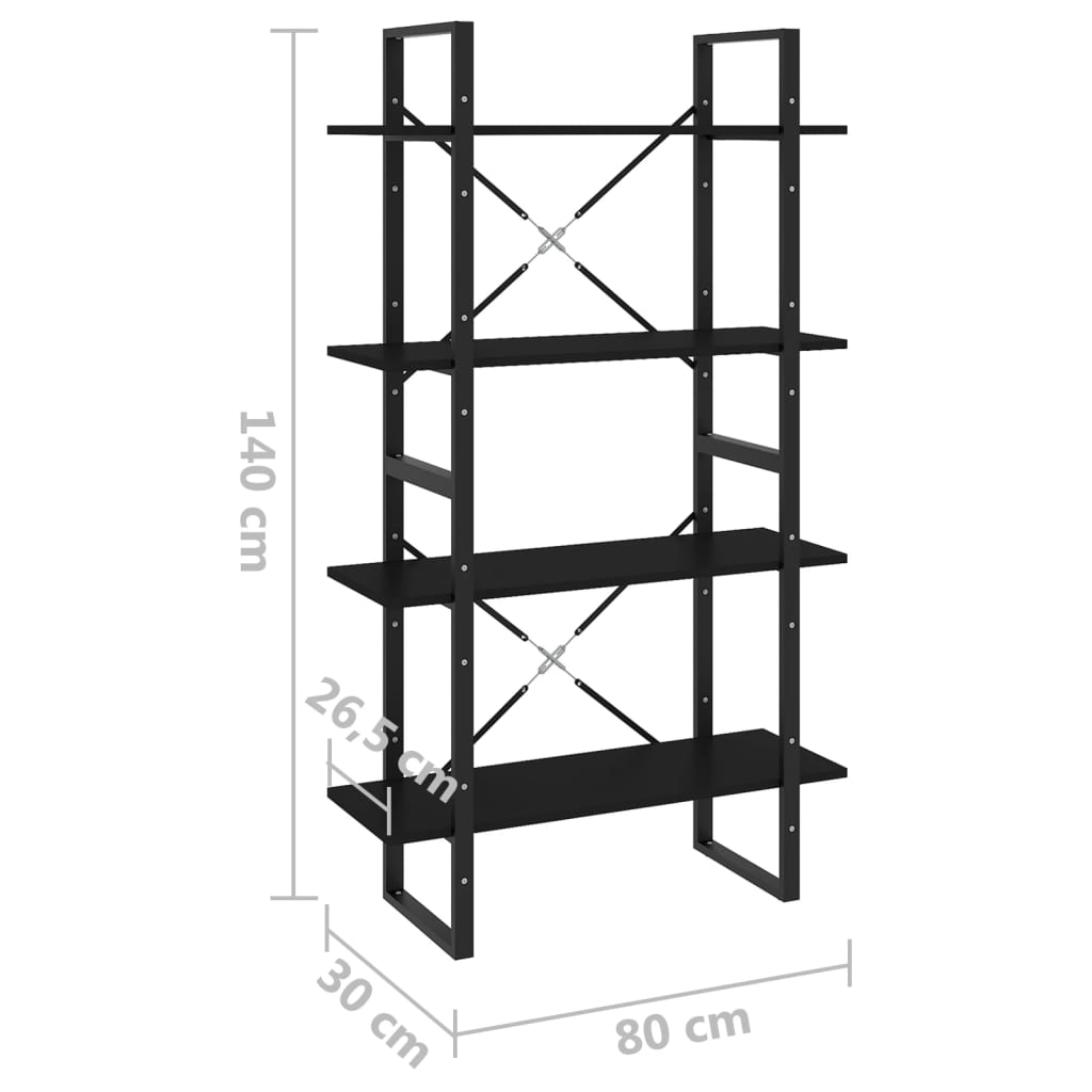 Bokhylla 4 hyllplan svart 80x30x140 cm konstruerat trä