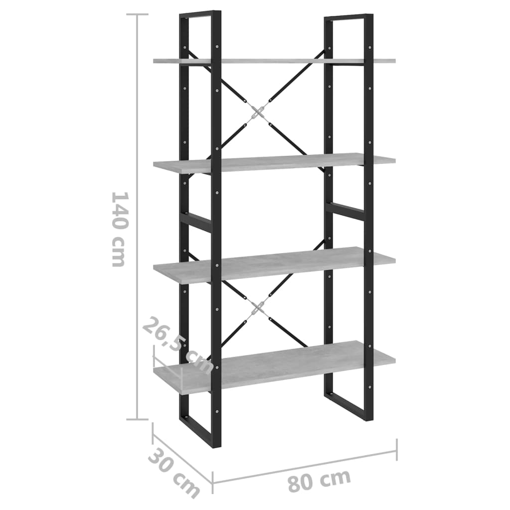 Bokhylla 4 hyllplan betonggrå 80x30x140 cm konstruerat trä