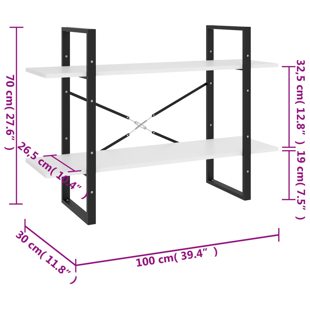 Bokhylla 2 hyllplan vit 100x30x70 cm konstruerat trä