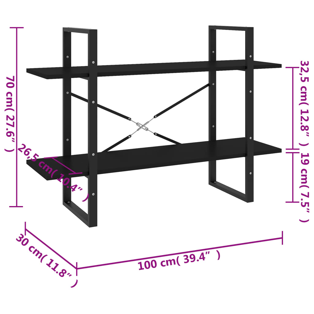 Bokhylla 2 hyllplan svart 100x30x70 cm konstruerat trä