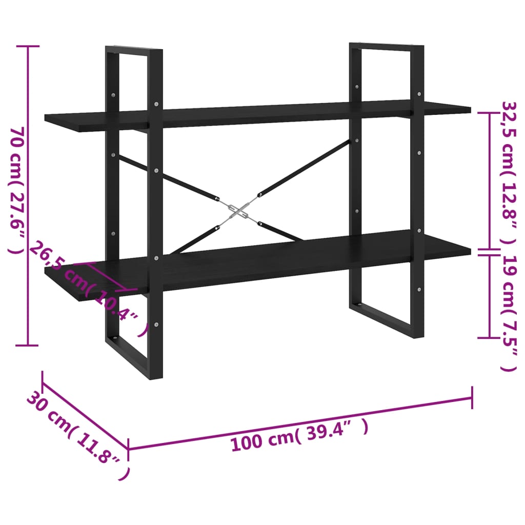 Bokhylla 2 hyllplan svart 100x30x70 cm massiv furu