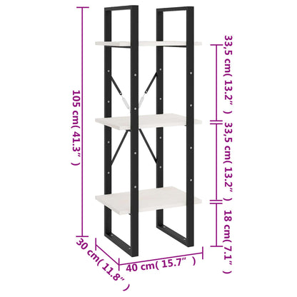 Bokhylla 3 hyllplan vit 40x30x105 cm massiv furu