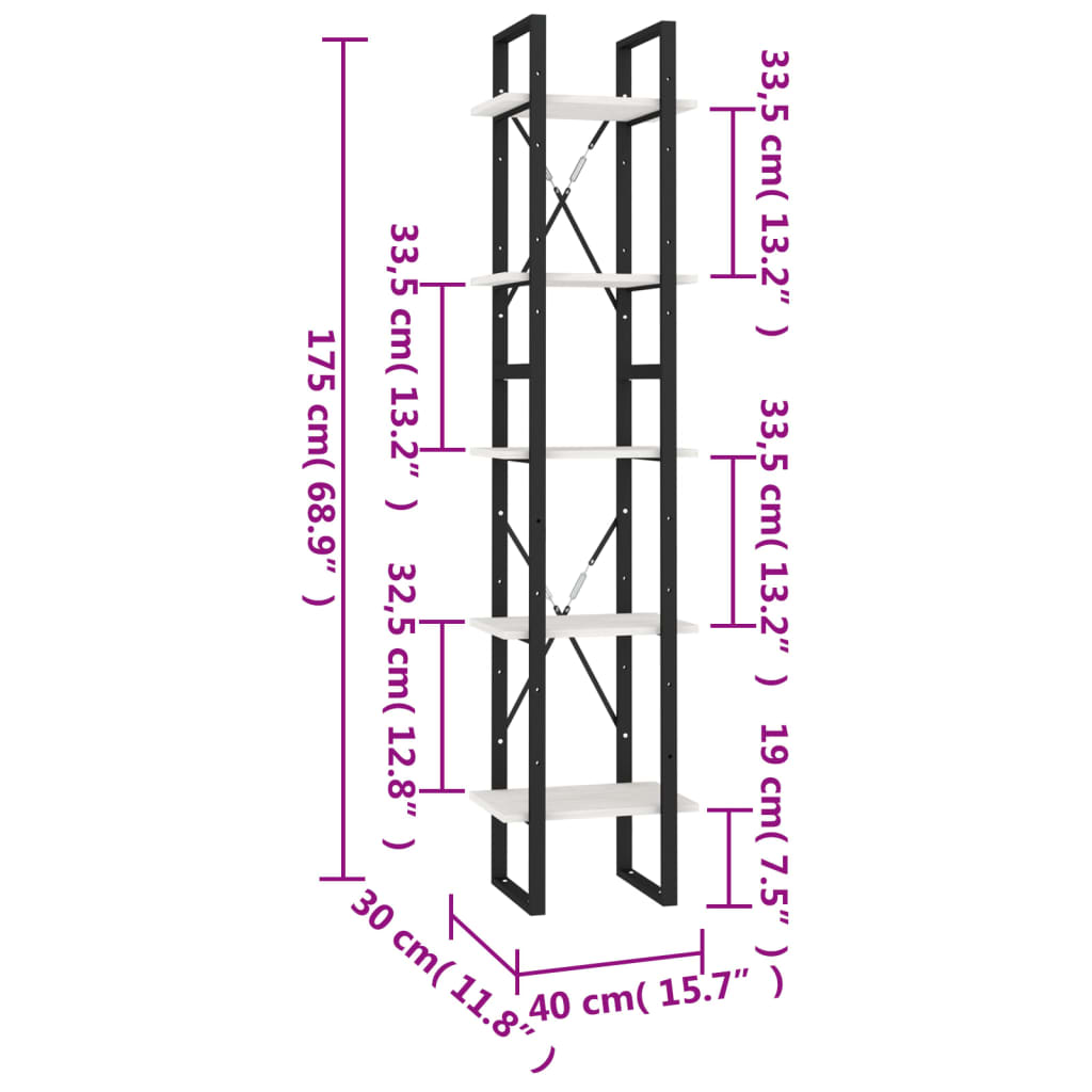 Bokhylla 5 hyllplan vit 40x30x175 cm massiv furu