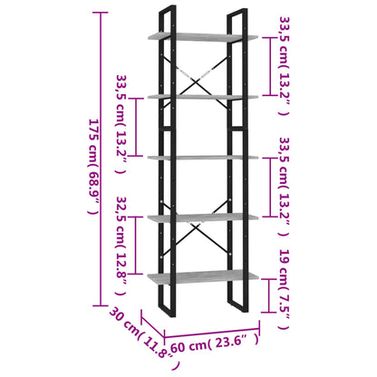 Bokhylla med 5 hyllplan betonggrå 60x30x175 cm konstruerat trä