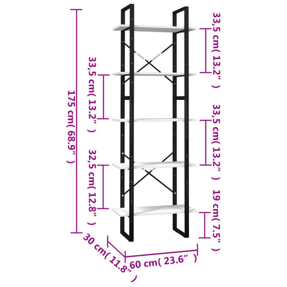 Bokhylla 5 hyllplan vit 60x30x175 cm massiv furu