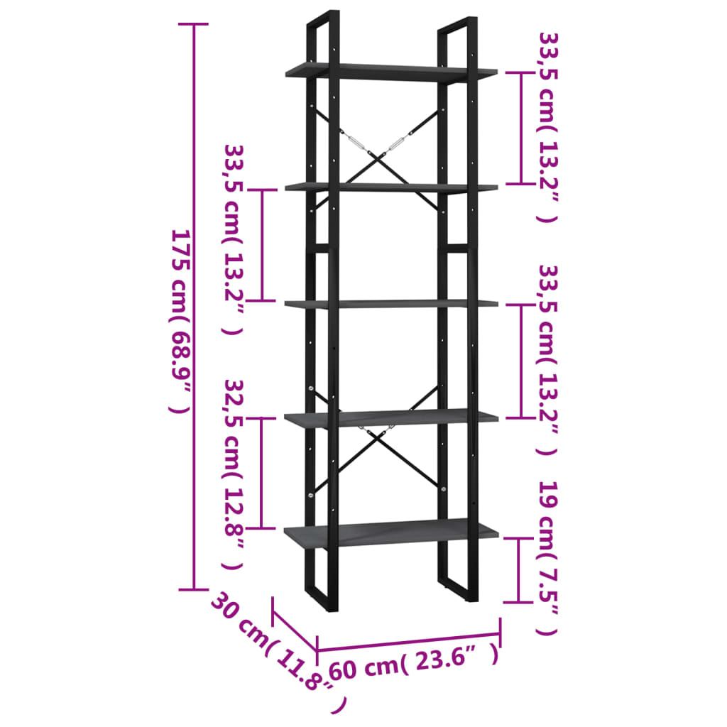 Bokhylla 5 hyllplan grå 60x30x175 cm massiv furu