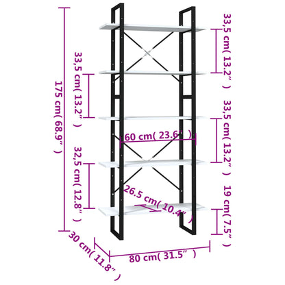 Bokhylla 5 hyllor vit 80x30x175 cm konstruerat trä