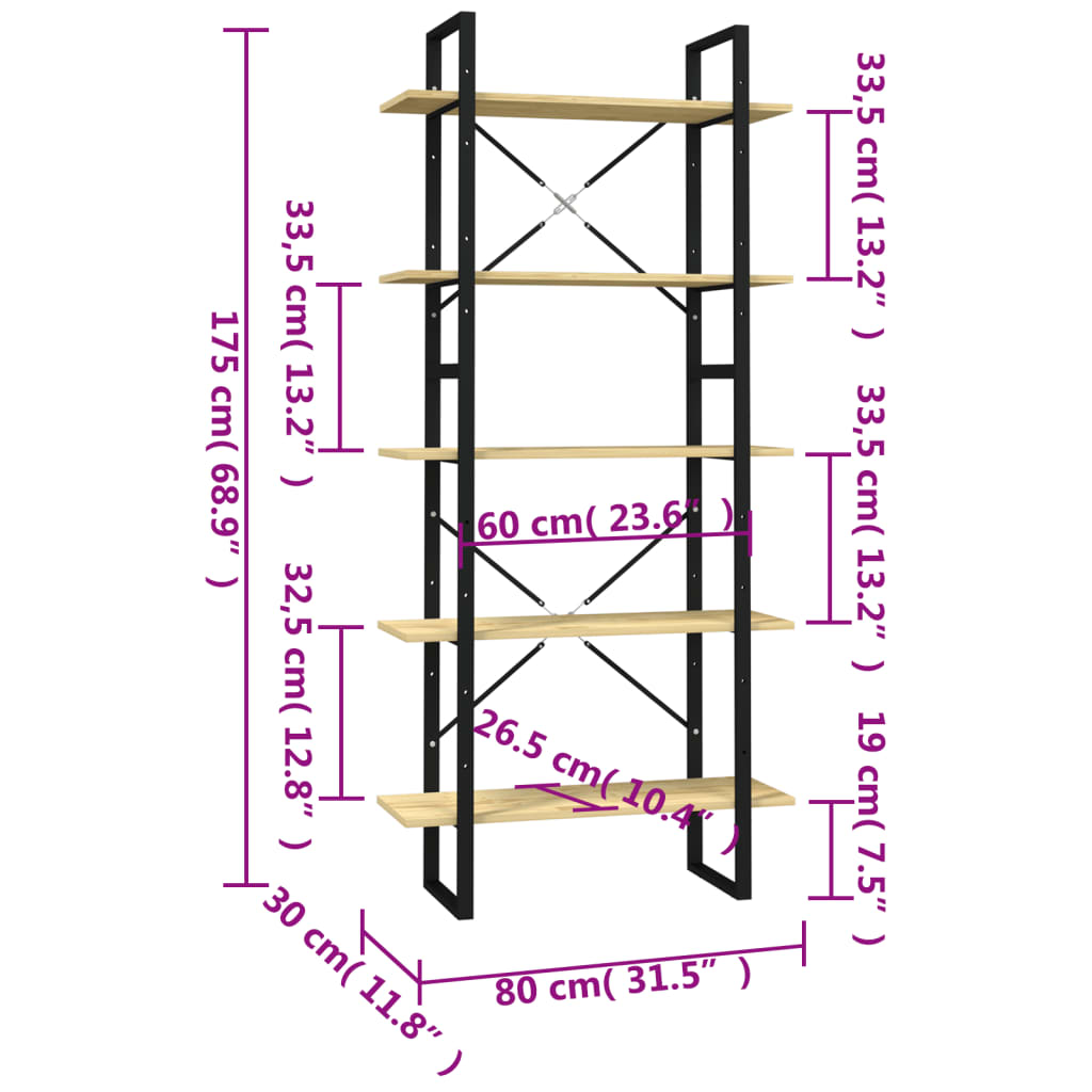 Bokhylla 5 hyllplan 80x30x175 cm massiv furu