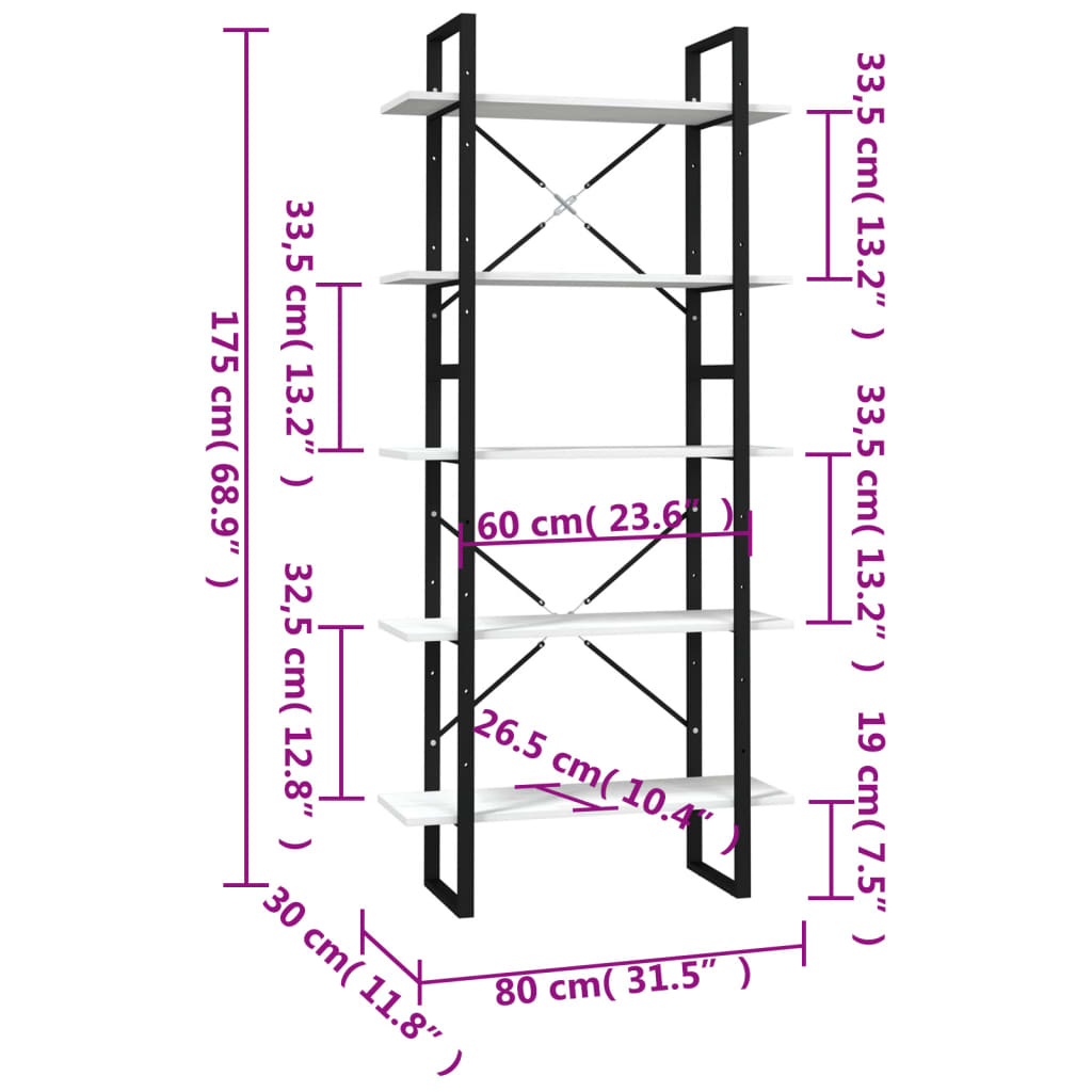 Bokhylla 5 hyllplan vit 80x30x175 cm massiv furu