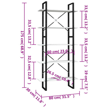 Bokhylla 5 hyllplan vit 80x30x175 cm massiv furu