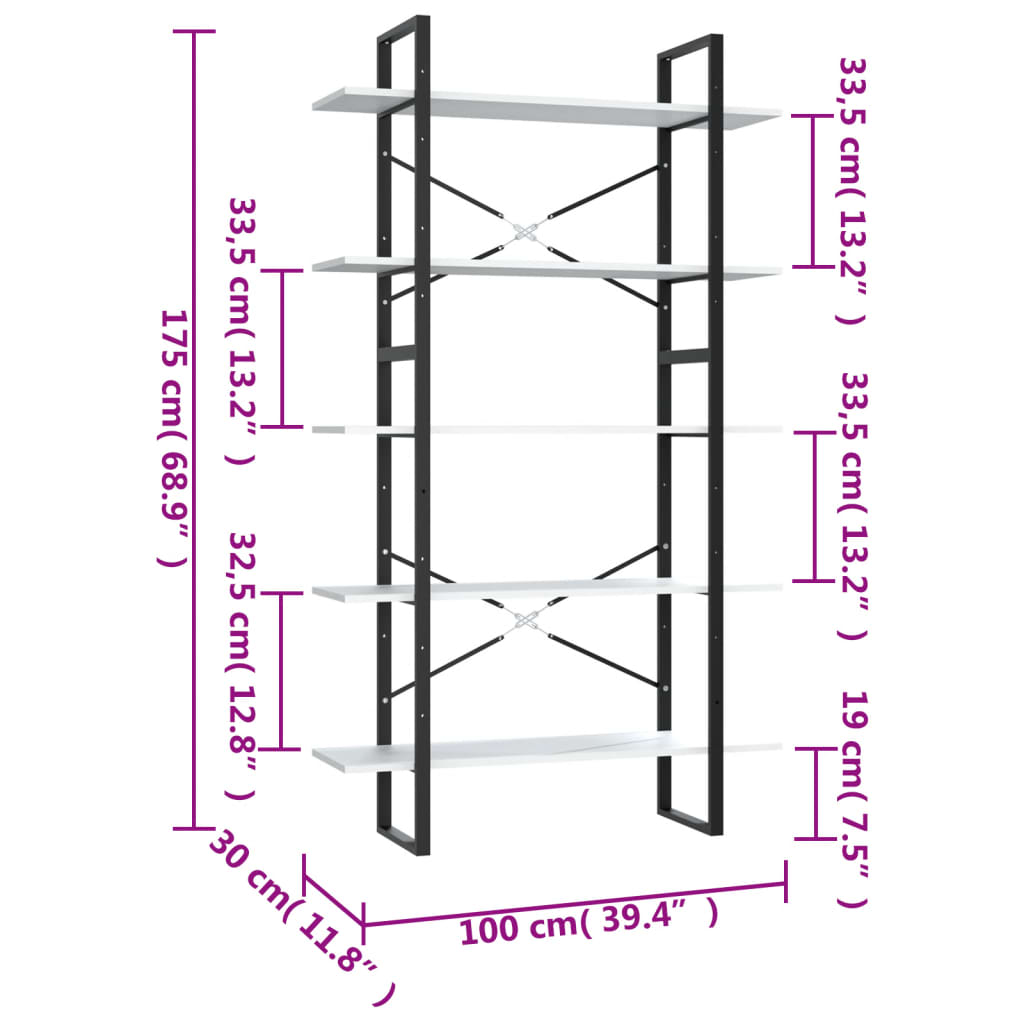 Bokhylla 5 hyllplan vit 100x30x175 cm konstruerat trä