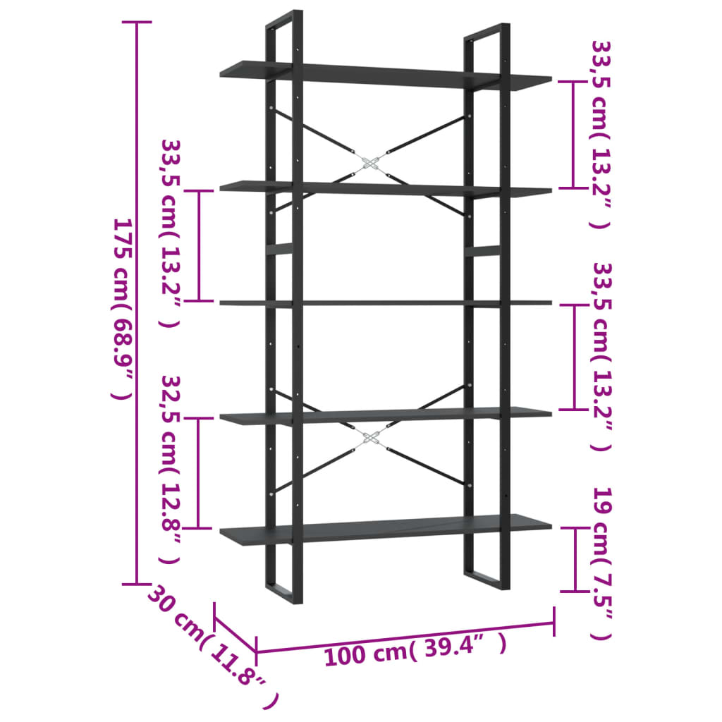 Bokhylla 5 hyllplan grå 100x30x175 cm konstruerat trä