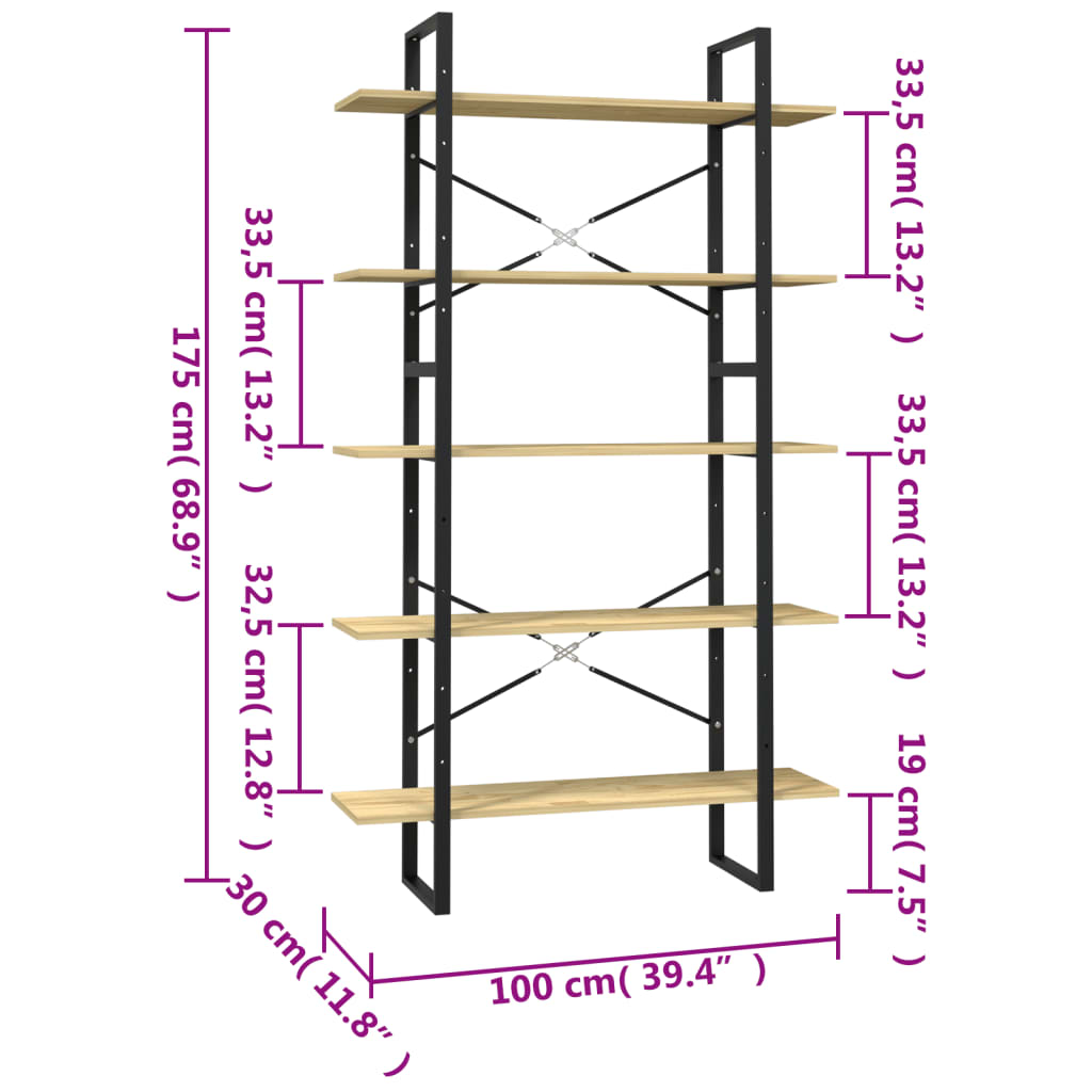 Bokhylla 5 hyllplan 100x30x175 cm massiv furu