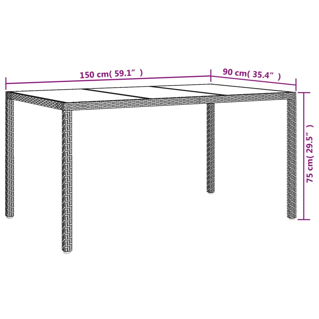 Utebord 150x90x75 cm härdat glas och konstrotting grå