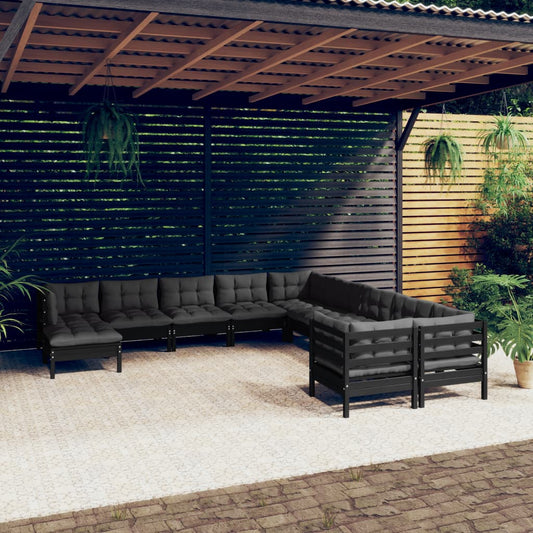 Loungegrupp för trädgården med dynor 11 delar svart massiv furu