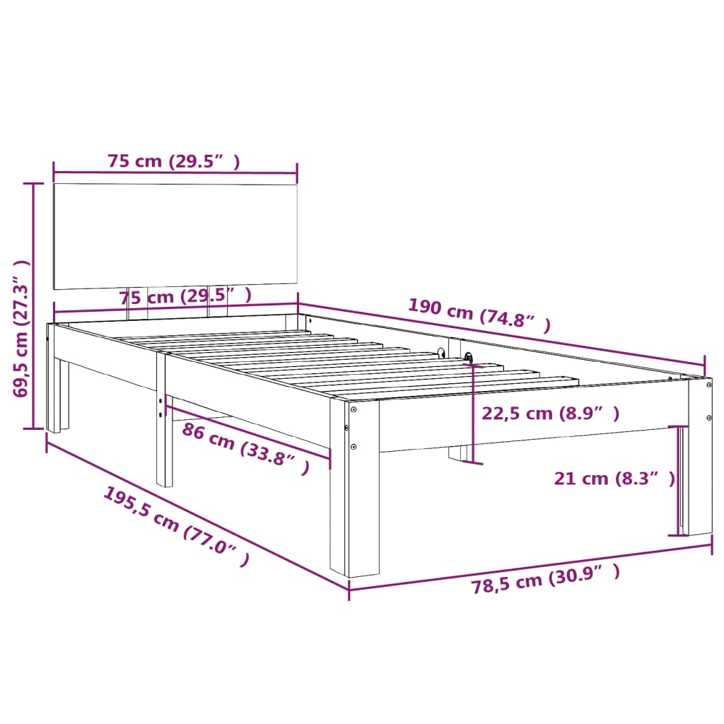 Sängram vit massivt trä 75x190 cm