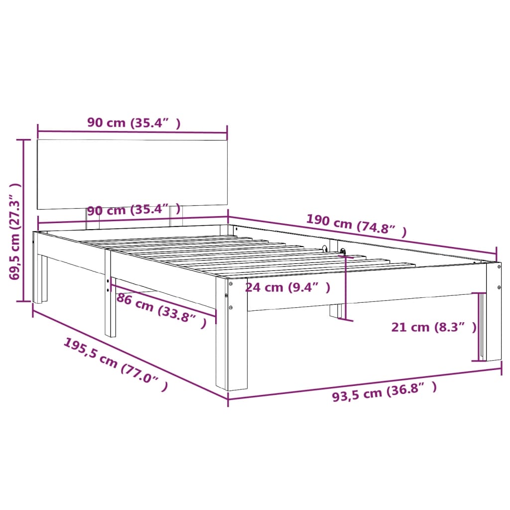 Sängram vit massivt trä 90x190 cm