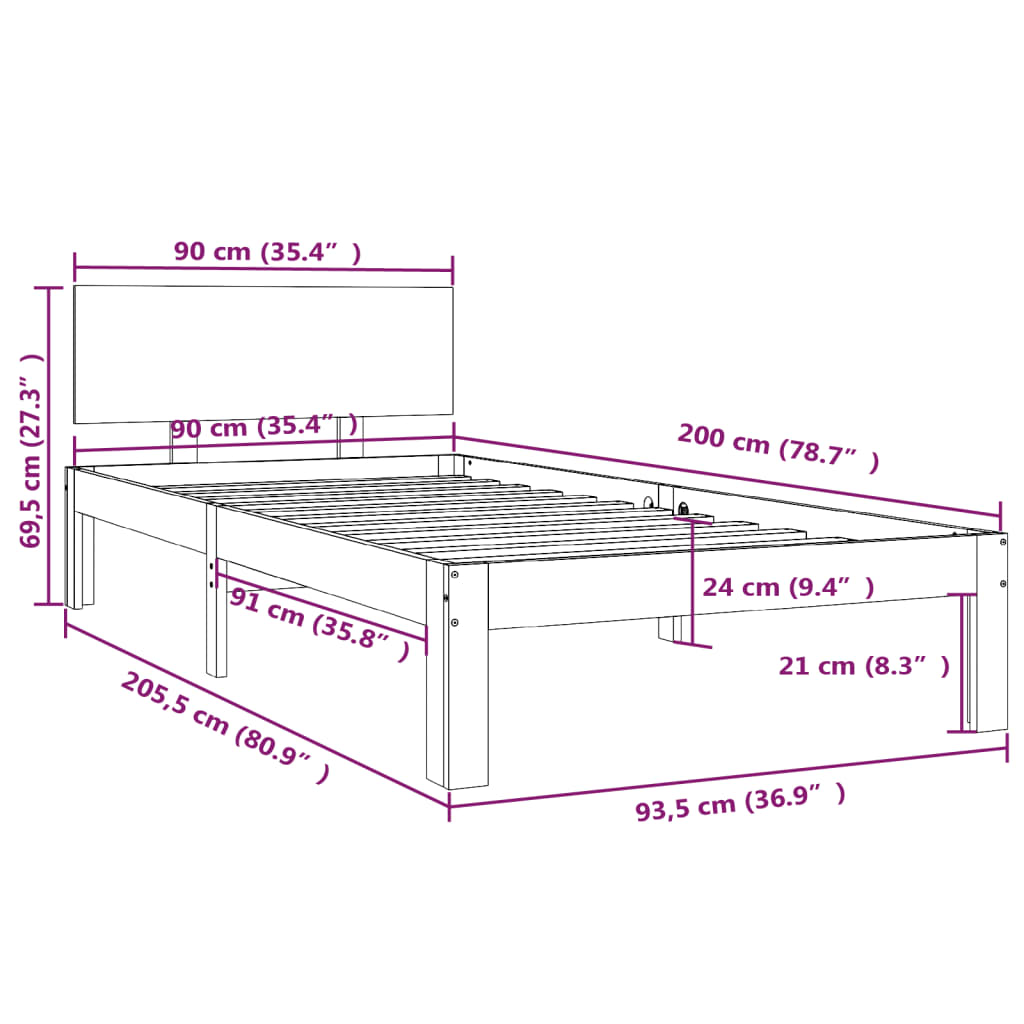 Sängram honungsbrun massiv furu 90x200 cm