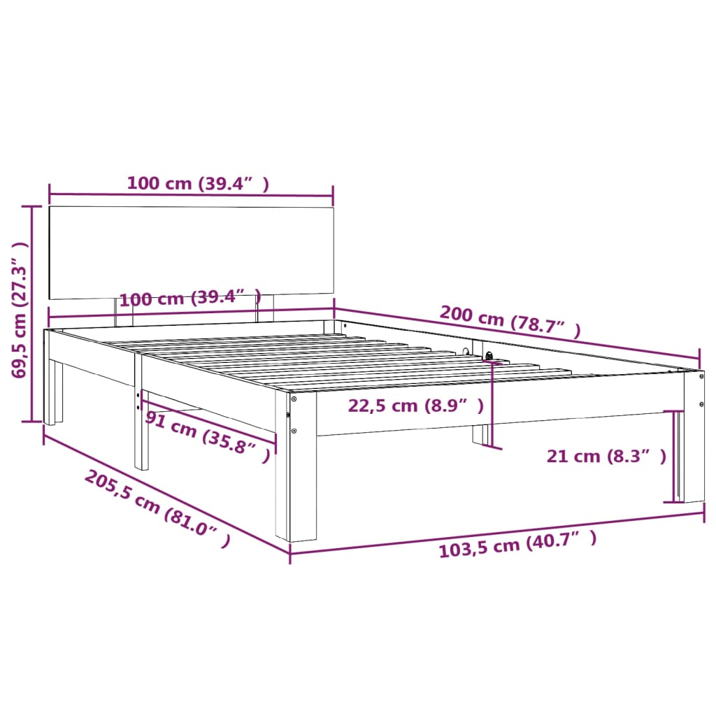 Sängram honungsbrun massiv furu 100x200 cm