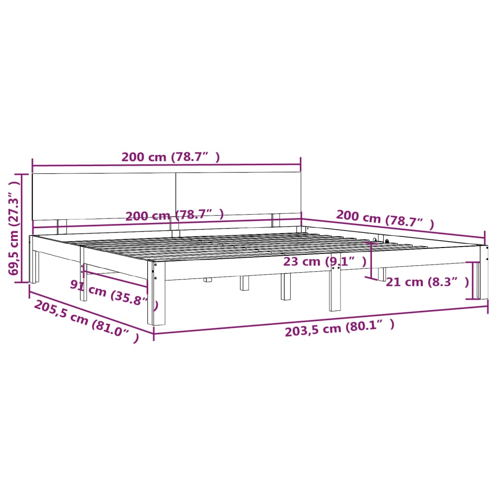 Sängram vit massiv furu 200x200 cm