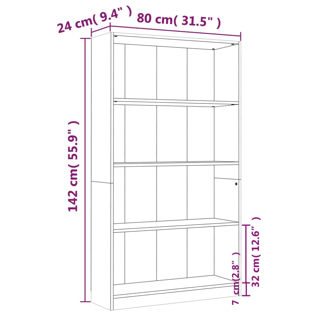 Bokhylla 4 hyllor rökfärgad ek 80x24x142 cm konstruerat trä