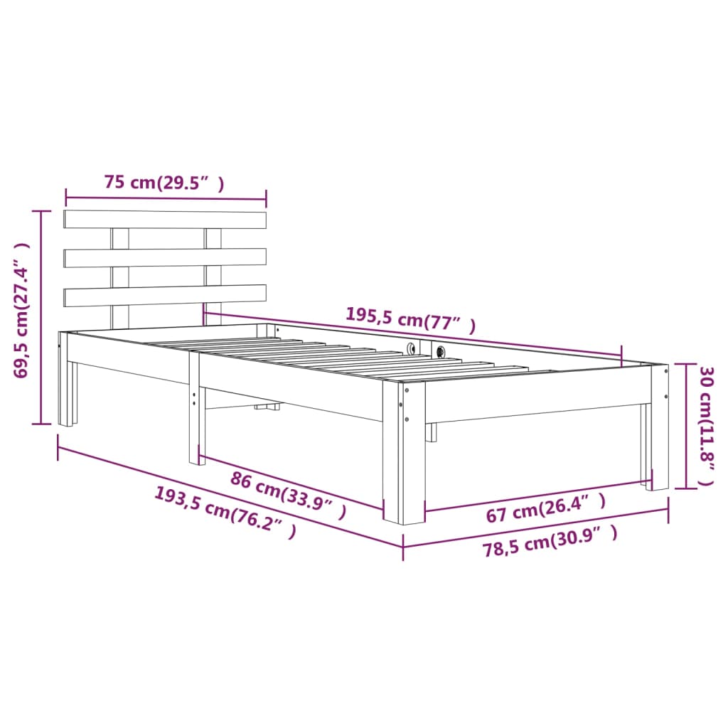 Sängram vit massivt trä 75x190 cm