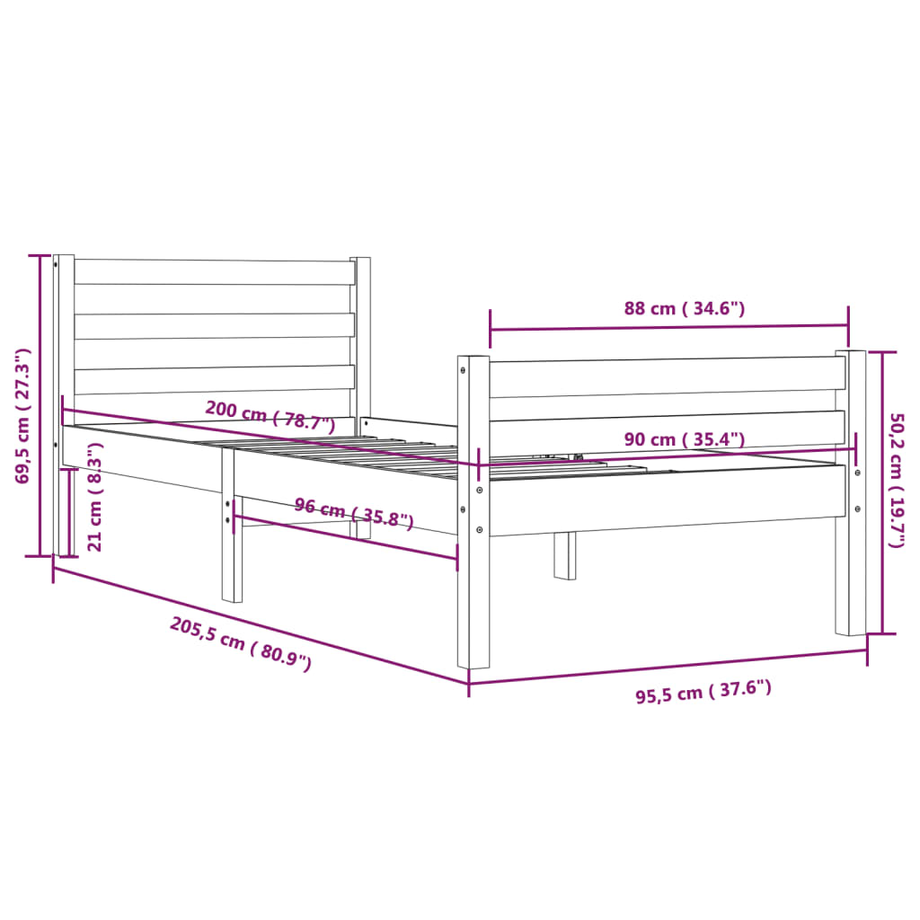 Sängram vit massivt trä 90x200 cm