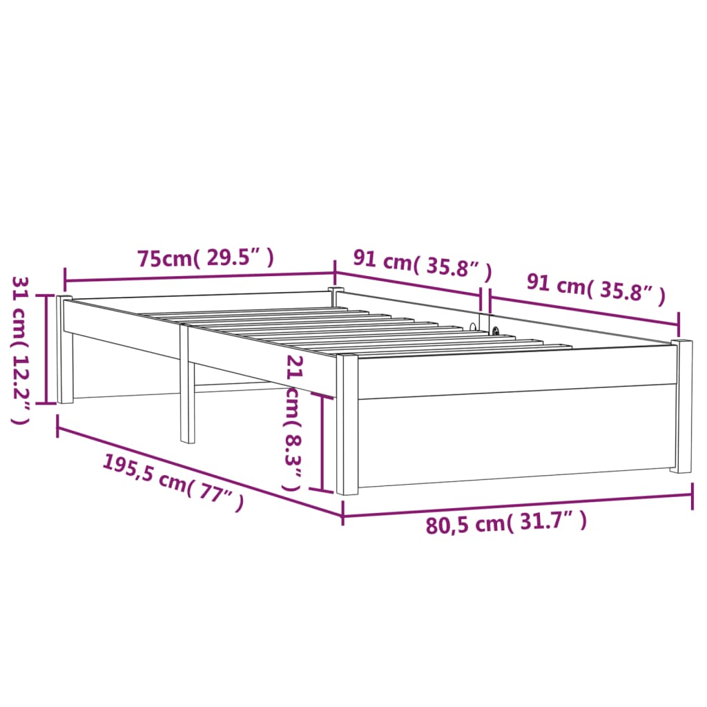 Sängram massivt trä 75x190 cm