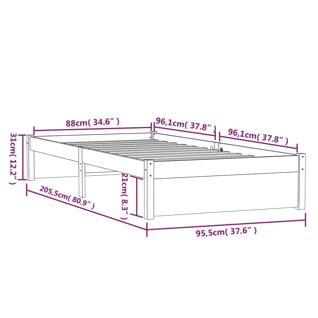 Sängram massivt trä 90x200 cm