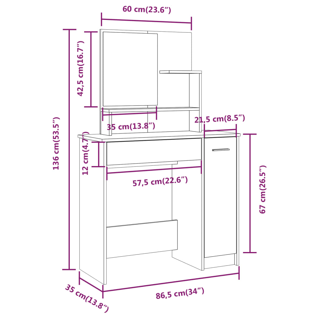 Sminkbord med spegel brun ek 86,5x35x136 cm